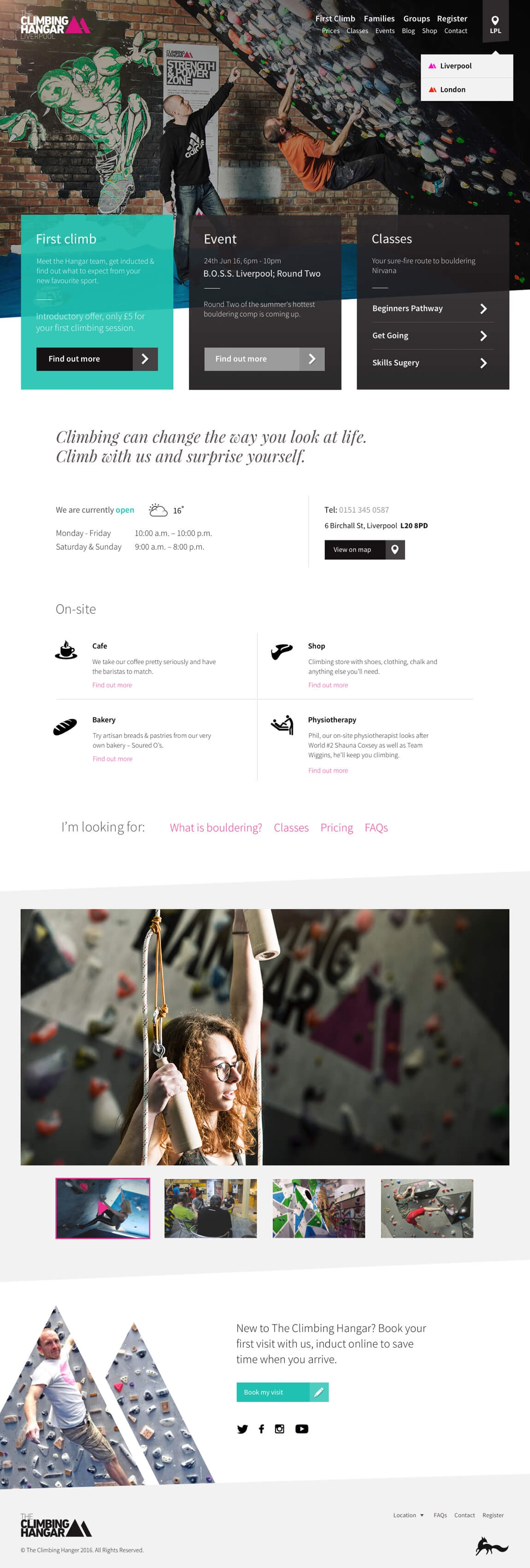 Bespoke homepage design for The Climbing Hangar