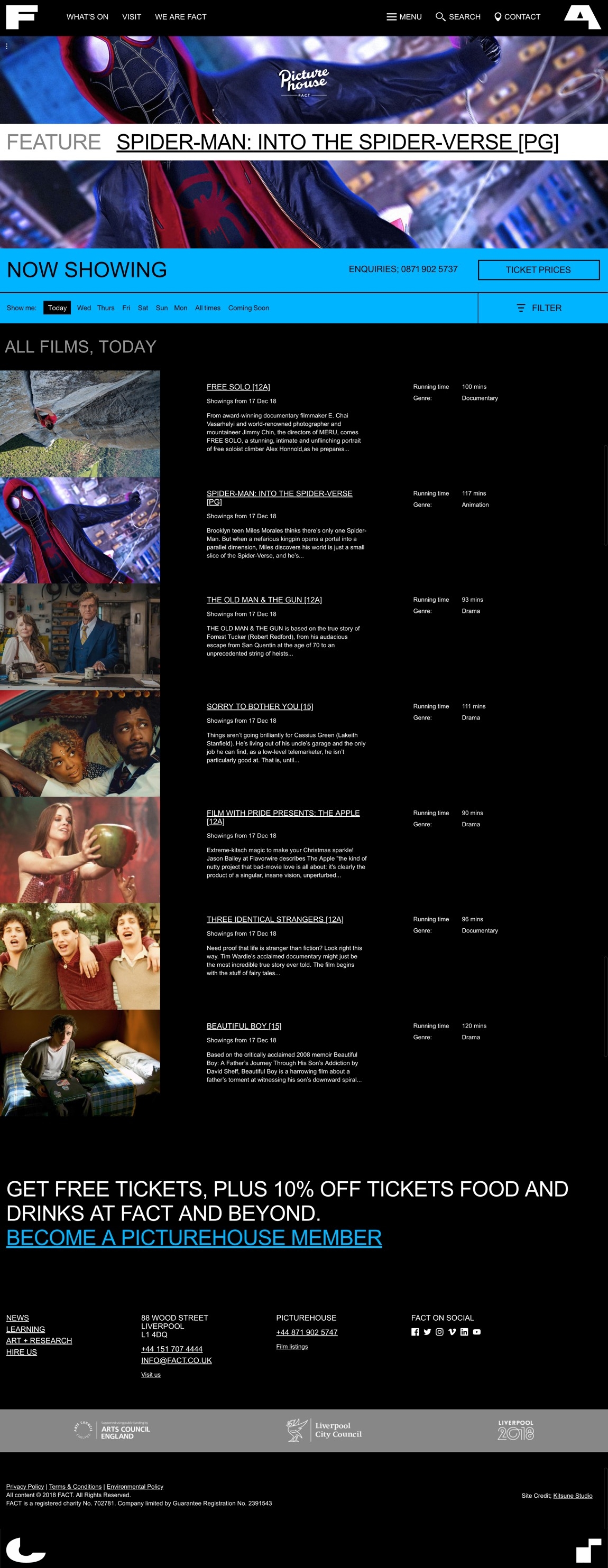 FACT Liverpool - Picturehouse cinema listings page designed by Kitsune Studio