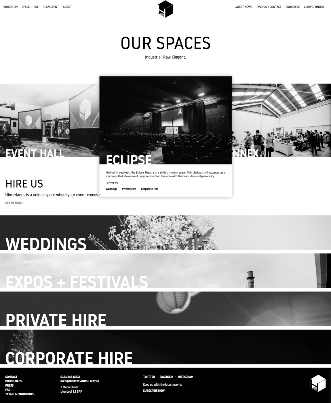 Website design of the Spaces page on Hinterlands-liv.com