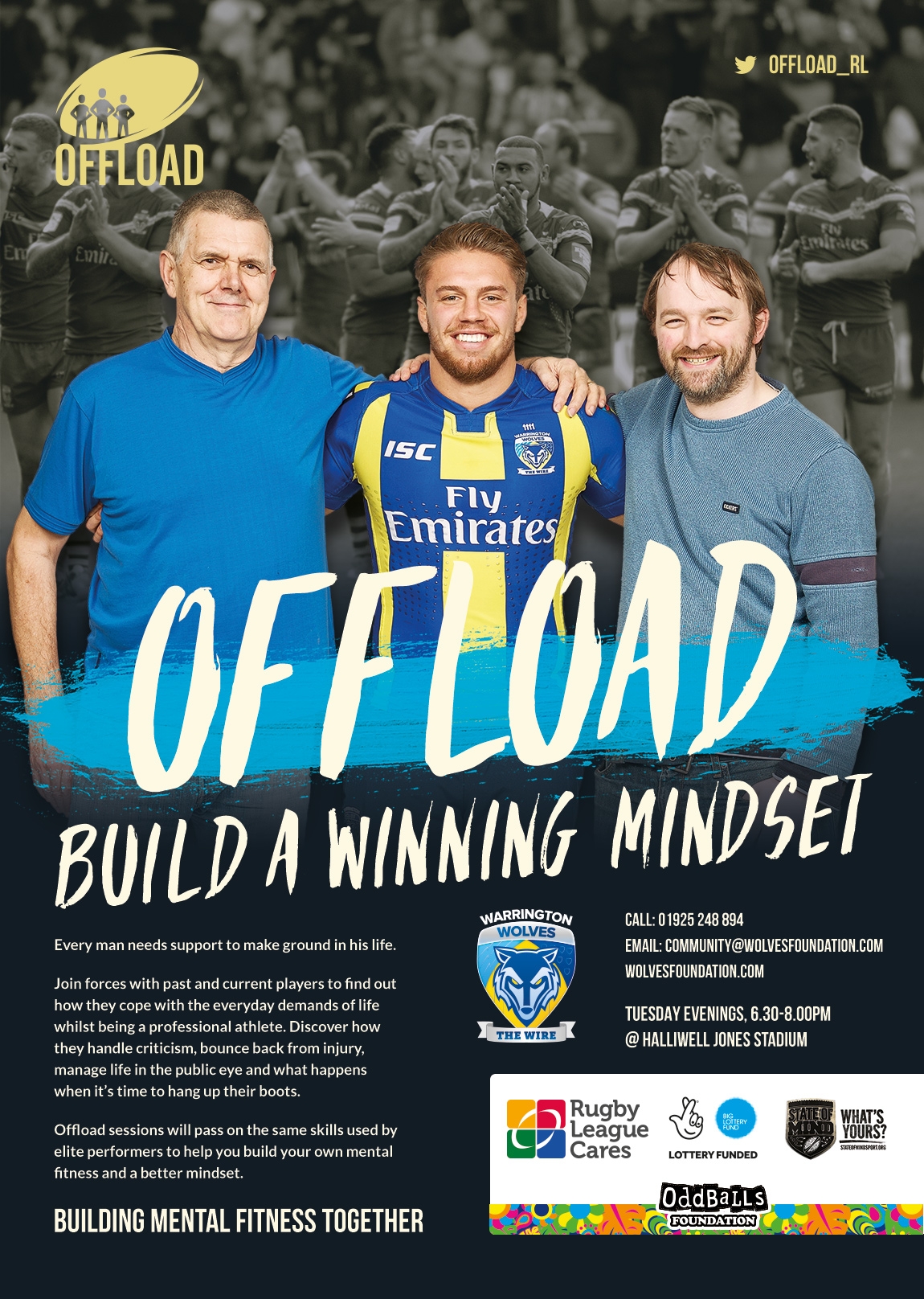 Poster design for Warrington Wolves and the Offload mental health programme